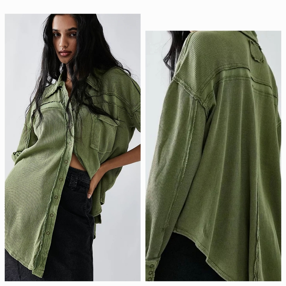 We The Free People Angeles Waffle Knit Snap Front Seamed Thermal Shirt Top